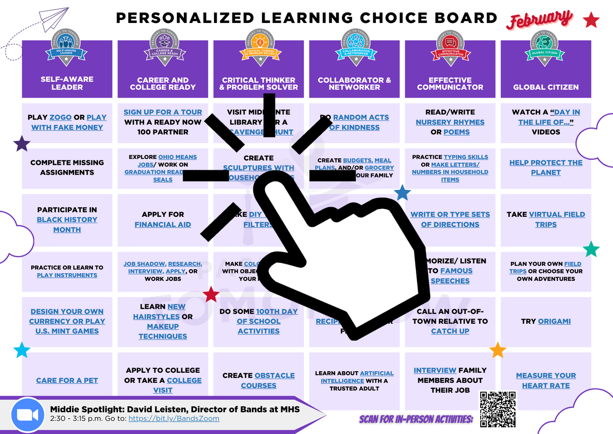 graphic of the personalized learning choice board with different tiles of options for students to pick from, and a big image of a computer mouse clicking one of the options